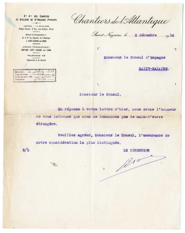 Courrier du directeur des Chantiers de l'Atlantique à destination du consul d'Espagne à Saint-Nazaire informant que les Chantiers ne demandent pas de main d'œuvre étrangère.