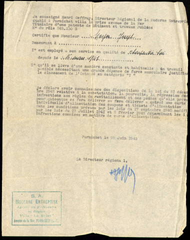 Activité professionnelle : certificat sur l'honneur de Henri Geffray, délivré pour l'obtention du classement de Joseph Moyon (Auguste Geffray) comme travailleur de force, catégorie T pour les tickets d'alimentation.