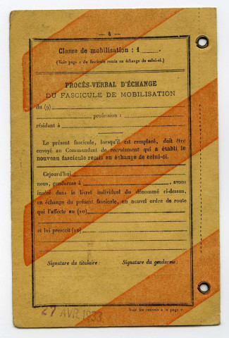Fascicule de mobilisation du soldat Emile Guéry