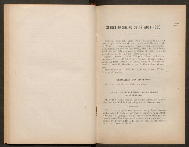 Séance ordinaire du 17 août 1923 - pages 235-345