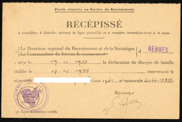 Récépissé d'un réserviste classe 1941 matricule 44 15 877 concernant la déclaration de charges de famille pour le service militaire