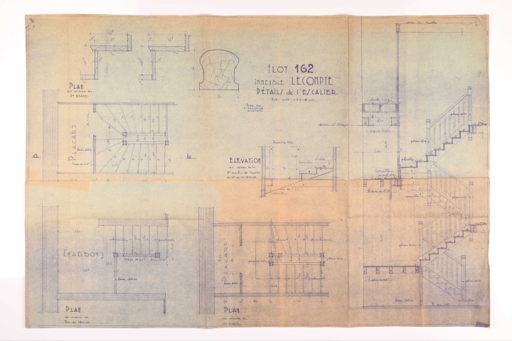 Reconstruction, 72 avenue de Béarn : plan des détails de l'escalier de l'immeuble de Monsieur Lecomte.