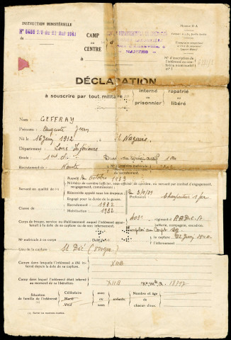 Situation militaire : déclaration concernant tout militaire interné ou prisonnier, avec indications des dates et lieux de service militaire, d'internement comme prisonnier, et de libération.