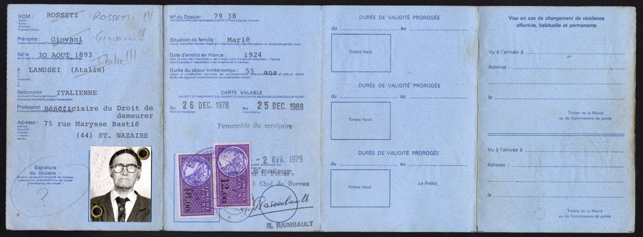 Carte de séjour de ressortissant d'un État membre de la CEE, au nom de Giovanni Rossetti.