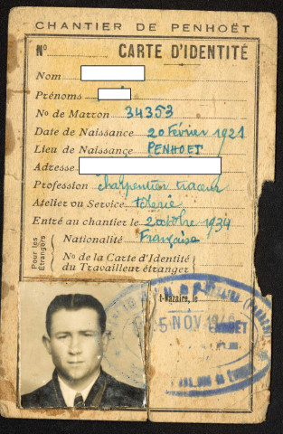 Carte d'identité avec photographie, d'un charpentier traceur au chantier de Penhoet