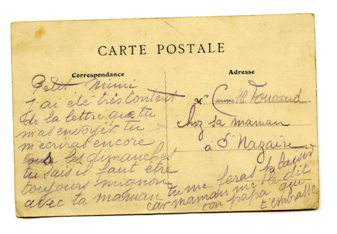 Correspondance sur carte postale de Joseph Camille Foucaud à son fils.