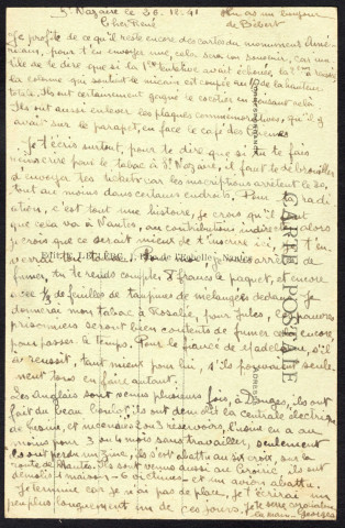 Guerre 1939-1945. - Correspondance de Georges Bodin adressée à son cousin René Briand sur la destruction du monument américain et sur les bombardements sur Donges et le Croisic (26 décembre 1941)