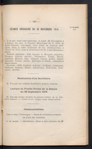Séance ordinaire du 26 novembre 1914 - pages 229-287