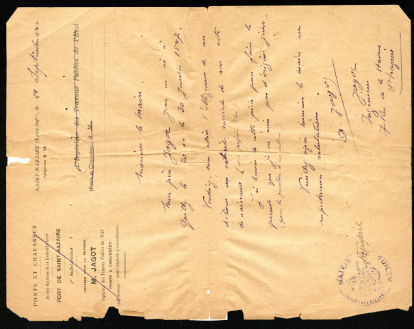 Demande d'obtention d'actes d'Etat civil : courrier d'Alphonse Jagot adressé aux mairies de Saint-Jouan de l'Isle (Côtes d'Armor) le 5 octobre 1942 et de Quilly (Loire-Atlantique) le 25 septembre 1942