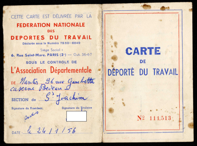 Carte de déporté du travail de l'association départementale 1956-1959, section de Saint-Joachim