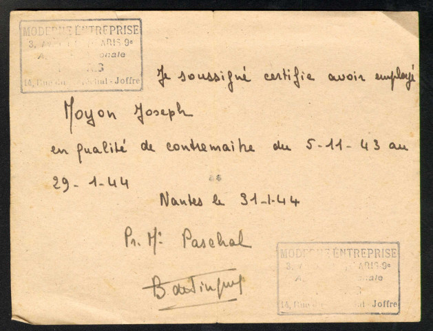 Activité professionnelle : certificat de travail, délivré par Henri Geffray, directeur régional de "La Moderne entreprise", pour la période du 05/11/1943 au 29-01-1944.