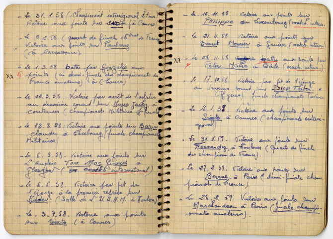 Carnet personnel manuscrit contenant la liste des matchs et compétitions disputés par Souleymane Diallo. Les dernières pages du carnet contiennent des notes et un croquis en lien avec son activité de mécanicien sur le navire Le Jean Bart