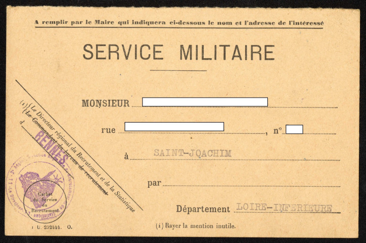 Récépissé d'un réserviste classe 1941 matricule 44 15 877 concernant la déclaration de charges de famille pour le service militaire