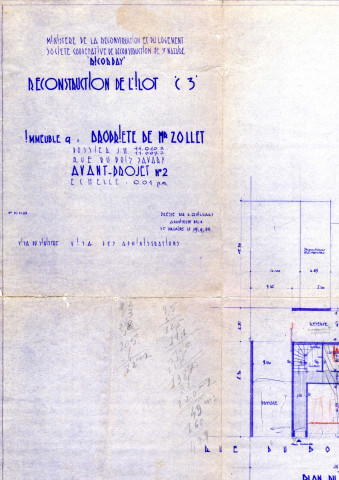 Ilot C3, rue du Bois-Savary et rue d'Anjou. - Immeubles et magasin, remembrement : correspondance sur le programme de reconstruction, d'économie et de clôture des opérations, plan de la propriété Zollet, titre de propriété.