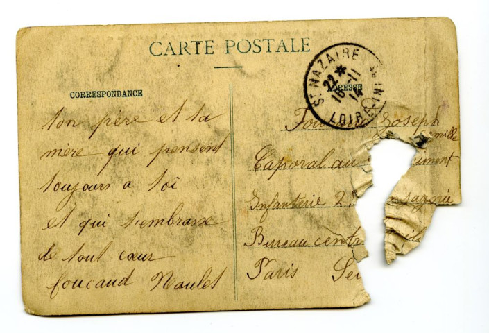 Correspondance sur carte postale des parents de Joseph Camille Foucaud à leur fils, 16 novembre 1914