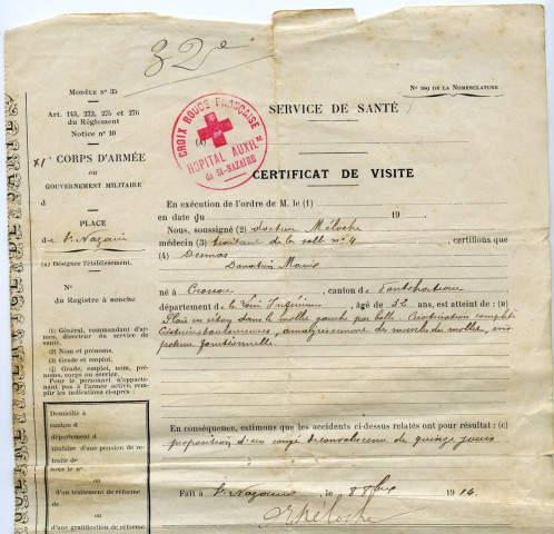 Congé de convalescence délivré par l'Hôpital Auxilaire n°6 de Saint-Nazaire à Donatien Delmas