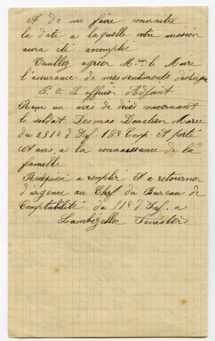 Avis de décès de Donatien Delmas adressé à au Maire de Crossac