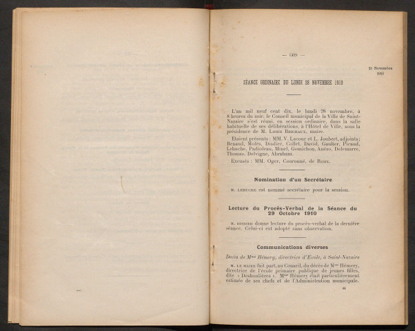 Séance ordinaire du lundi 28 novembre 1910 - pages 608-748
