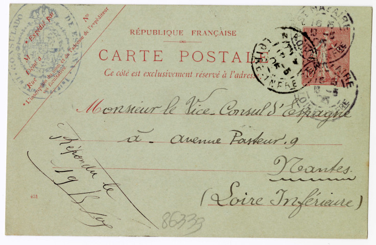 Carte postale adressée au vice-consul d'Espagne à Nantes le 15 mai 1905