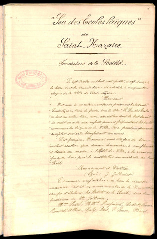Sou des écoles laïques, comptes rendus des réunions : registre.