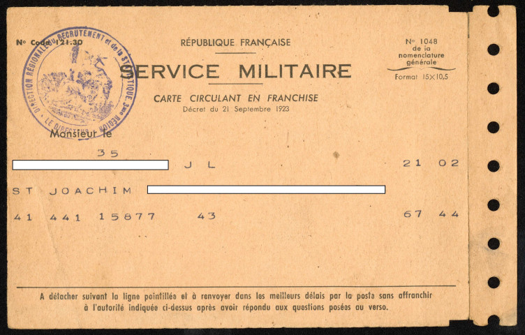 Titre de libération définitive du service militaire d'un réserviste classe 1941 matricule 44 15 877 du 20 mars 1964