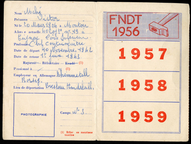 Seconde Guerre mondiale, déporté du travail : une carte au nom de Victor Mahé