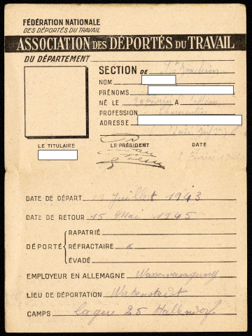 Carte de membre actif de l'association départementale 1947, section de Saint-Joachim