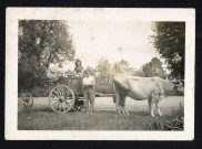 Léa Vince (1924-2010) (à gauche), tenant dans ses bras son neveu, le fils de sa belle-soeur Isabelle (à droite) sur une charrette, réfugiés au Dresny à Plessé