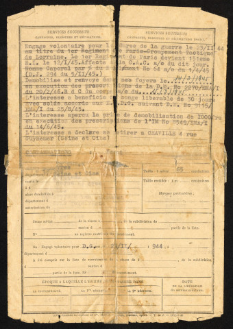 Actions militaires du caporal Guy Lucien Le Guyader, établi par le capitaine Maréchal, commandant de la Compagnie Anti Char le 14 mars 1945 : état signalétique des services.