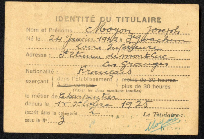 Faux papiers, activité professionnelle : certificat de travail délivré par Henri Geffray, oncle d'Auguste et directeur régional de "La Moderne entreprise", agence de Saint-Nazaire.