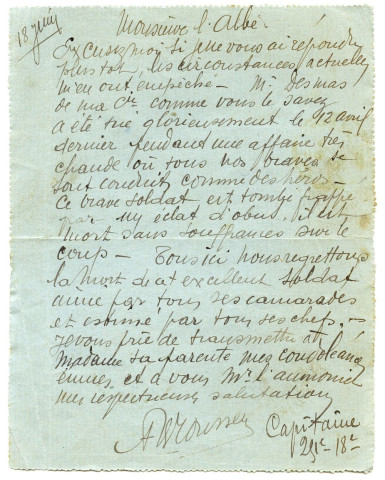 Lettre du capitaine de la compagnie de Donatien Delmas adressée à Monsieur Leroy prêtre aumônier de l'hôpital mixte de Cholet