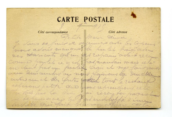 Carte postale adressée par Joseph Camille Foucaud à Marie, 8 septembre 1915.