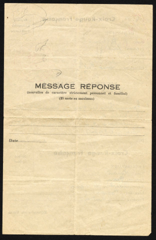 Seconde Guerre mondiale, message familial envoyé depuis la Poche de Saint-Nazaire par René Bertreux via le dispositif de la Croix-Rouge.