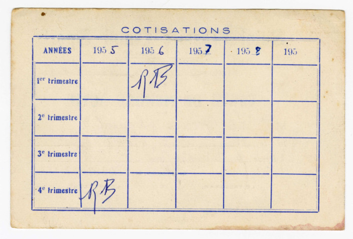 Carte de membre actif de Chantal Le Mercier (recto-verso): cotisations par années et par trimestre
