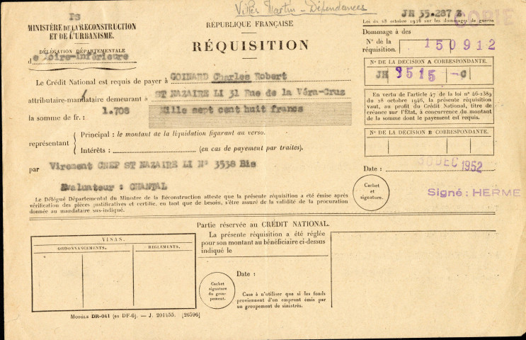 Réquisition : ordre, plan de masse.