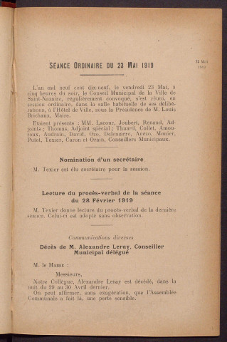 Séance ordinaire du 23 mai 1919 - pages 107-208