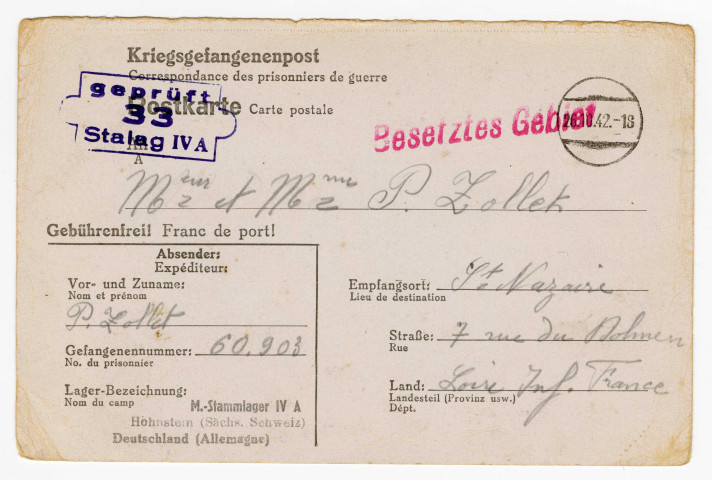 4 correspondances de la part de Pierre Zollet fils à ses parents 7 rue du Dolmen à Saint-Nazaire : carte postale