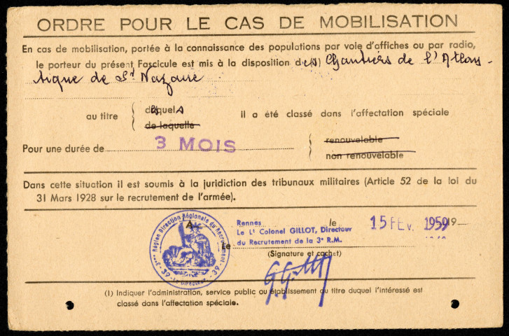 Fascicule de mobilisation d'un réserviste classe 1941 matricule 44 15 877