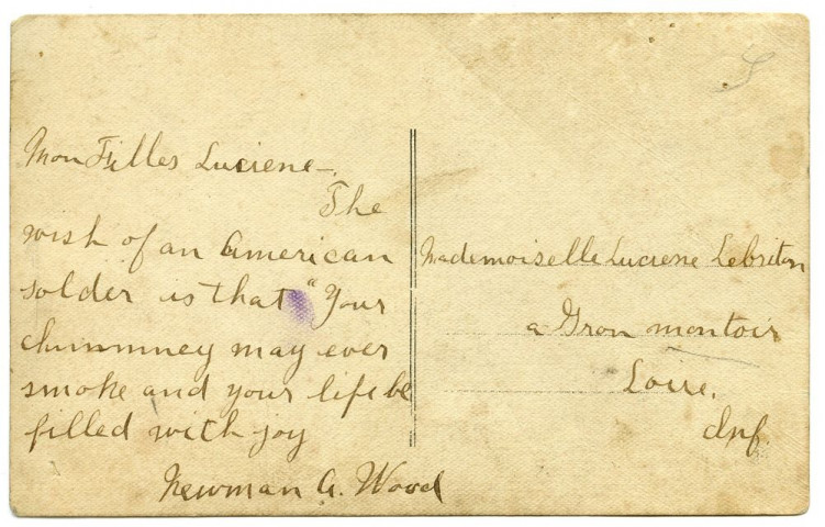 Carte postale adressée à Lucienne Lebreton par Newan G. Wood