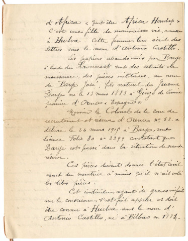 Deux courriers du Tribunal de première instance de Saint-Nazaire-sur-Loire, cabinet du juge d'instruction à destination du consul d'Espagne à Saint-Nazaire concernant le meurtre d'un Espagnol commis à Saint-Nazaire le 23 septembre 1915 par un Espagnol.