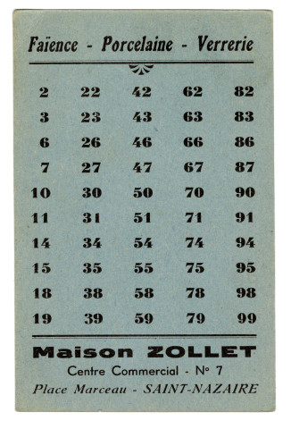 Communication commerciale, objets publicitaires : calendrier de l'année 1936 (au verso une petite glace) de la maison Zollet 7 rue du Dolmen à Saint-Nazaire, 6 cartes de jeux de différentes couleurs et 1 carte carré grise (sûrement l'emballage du jeux) de la maison Zollet [1949-1954], thermomètre de la maison Zollet rue d'Anjou à Saint-Nazaire [1955-1976].