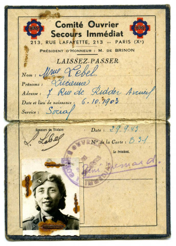 Laissez-passer de Lucienne Lebel, délivré le 29/9/1943