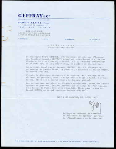 Activité professionnelle : attestation de travail, délivrée par Henri Geffray, directeur régional de "La Moderne entreprise", certifiant avoir employé Auguste Geffray sous le nom de Joseph Moyon.