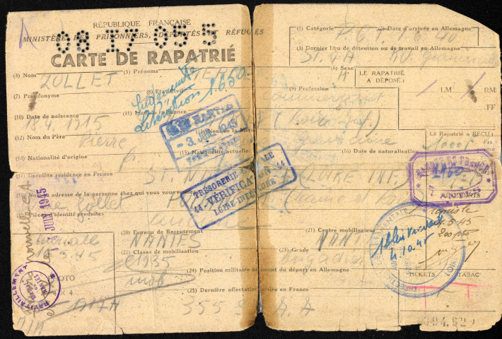 Carte de rapatrié (pièce identité) de Pierre Zollet (recto-verso)