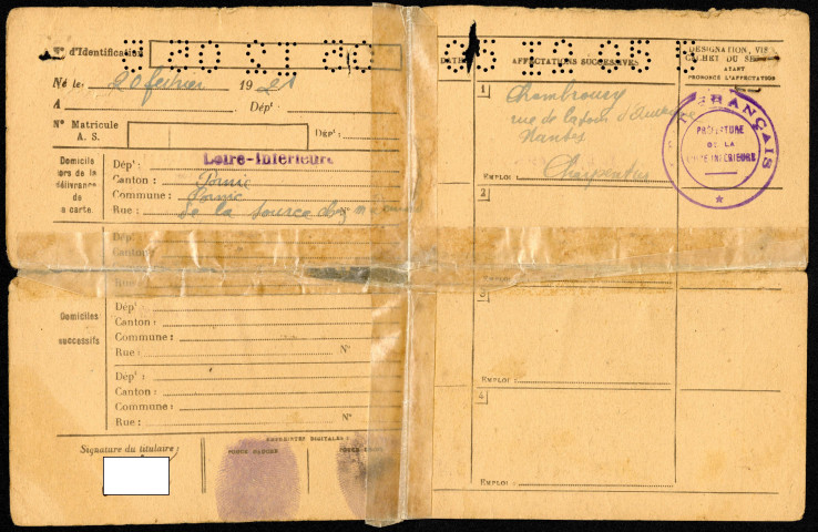 Carte de travail n°44 131 21 34 du Service du Travail Obligatoire d'un charpentier, délivrée par la Préfecture de Loire-Atlantique