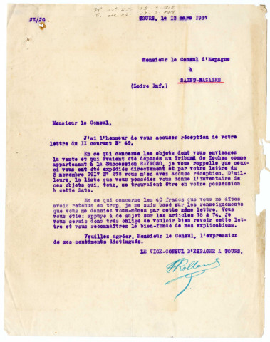 Courriers concernant la succession Reinoso (ou Rainoso), sujet espagnol