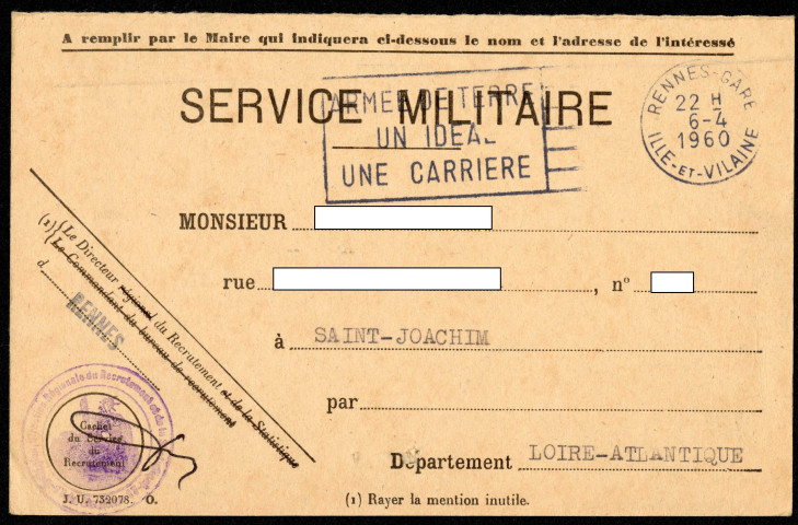 Récépissé d'un réserviste classe 1941 matricule 44 15 877 concernant la déclaration de charges de famille pour le service militaire