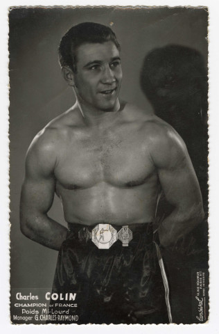 Portrait de Charles Colin, boxeur champion de France poids mi-lourd : carte dédicacée