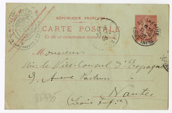 Carte postale adressée au vice-consul d'Espagne à Nantes le 27 décembre 1905 concernant les comptes de fin d'année