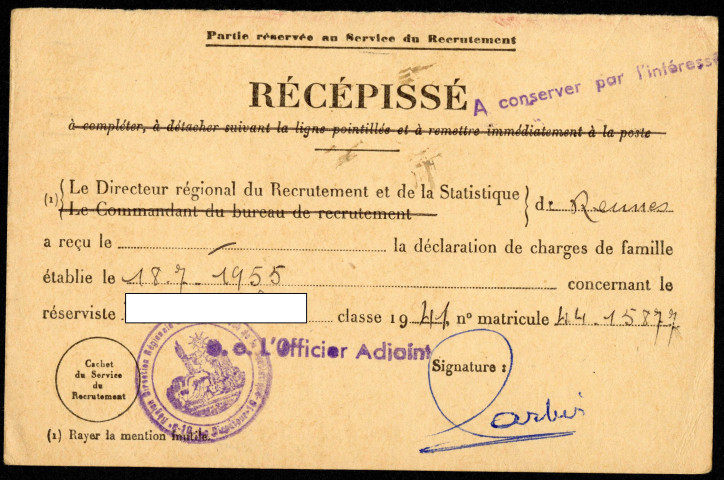 Récépissé d'un réserviste classe 1941 matricule 44 15 877 concernant la déclaration de charges de famille pour le service militaire